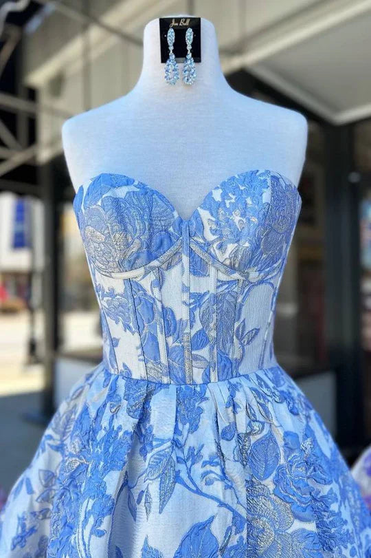 DingJiDress Light Blue Graduation Dresses Floral Print A-Line Homecoming Dress