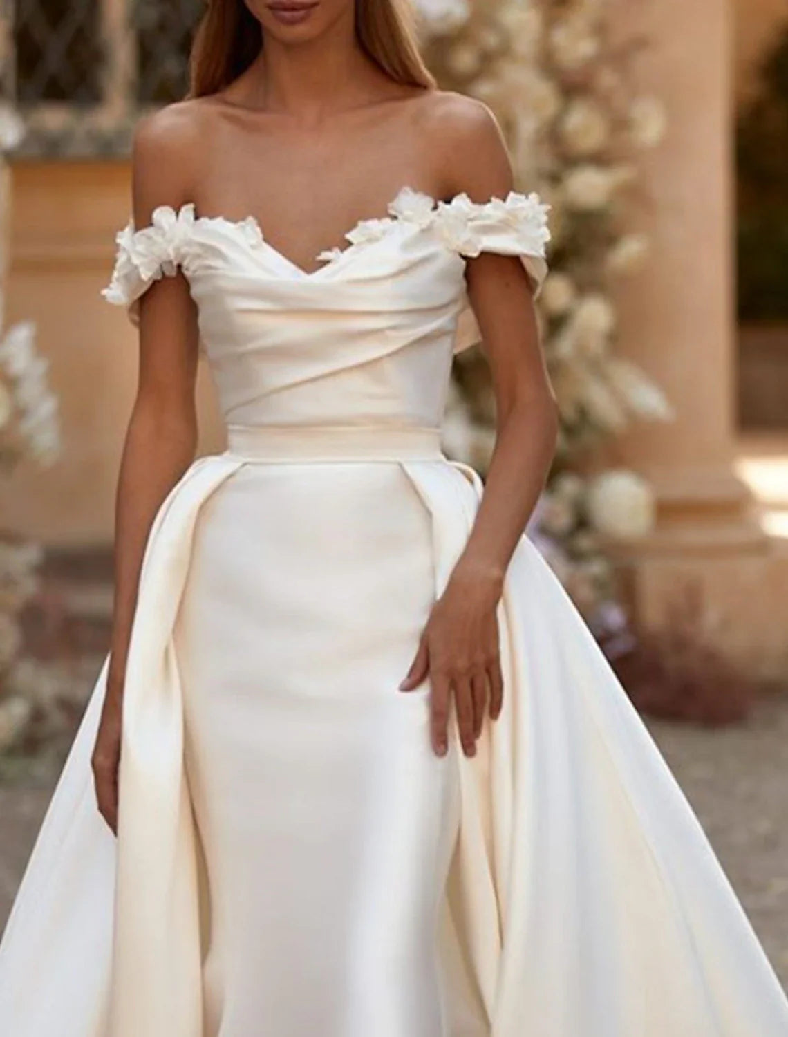 DingJiDress Engagement Formal Wedding Dresses Sheath / Column Off Shoulder Cap Sleeve Court Train Satin Bridal Gowns With Ruched