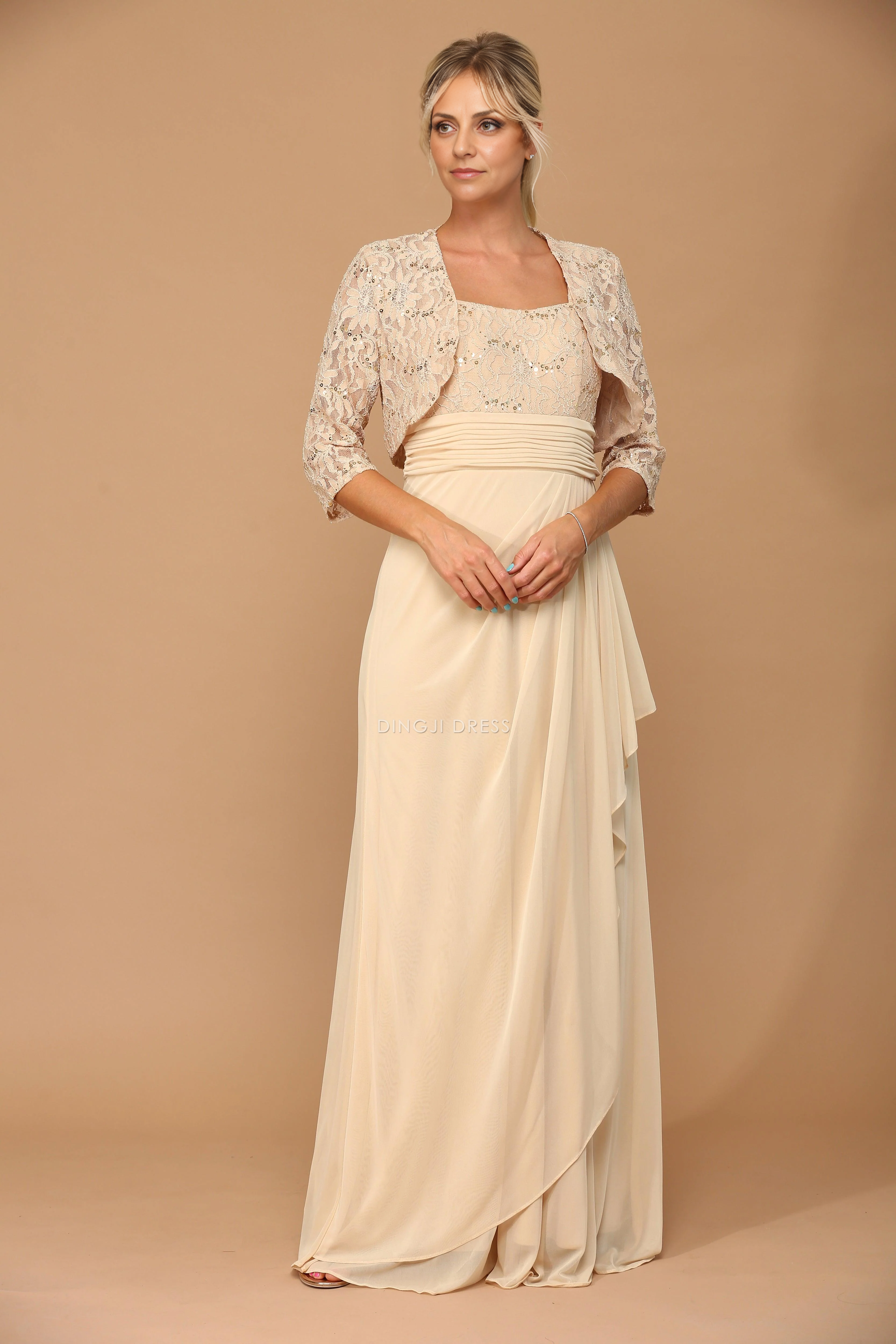 DingJiDress Evening Dress Elegant Two Piece Jacket 3/4 Sleeve Ruched Fashion Mother Of The Bride Dress
