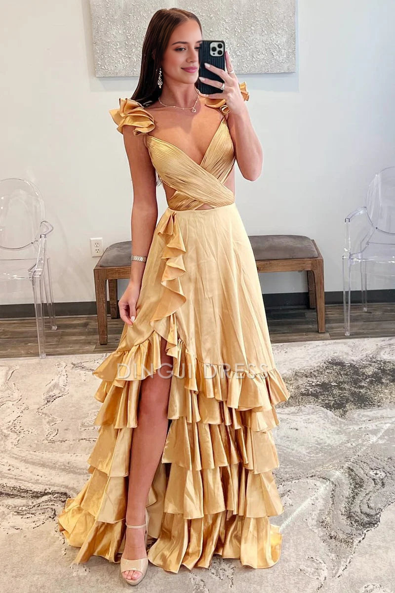 DingJiDress Formal Dress Sexy A-Line V-Neck Sleeveless Ruched Tiered Backless With Side Slit Charming Prom Dress