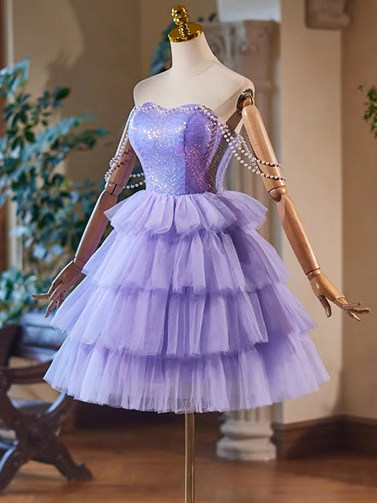 A-Line Sweetheart Neck Purple Short Prom Dress Purple Homecoming Dress