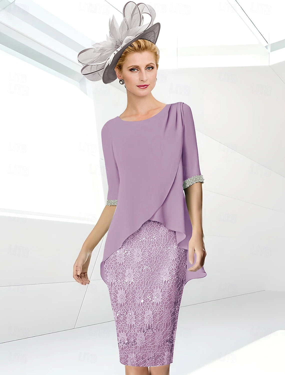 Beach Wedding Sheath Mother of the Bride Dress Elegant Jewel Neck Knee Length Sequined Stretch Chiffon Half Sleeve with Lace Ruching