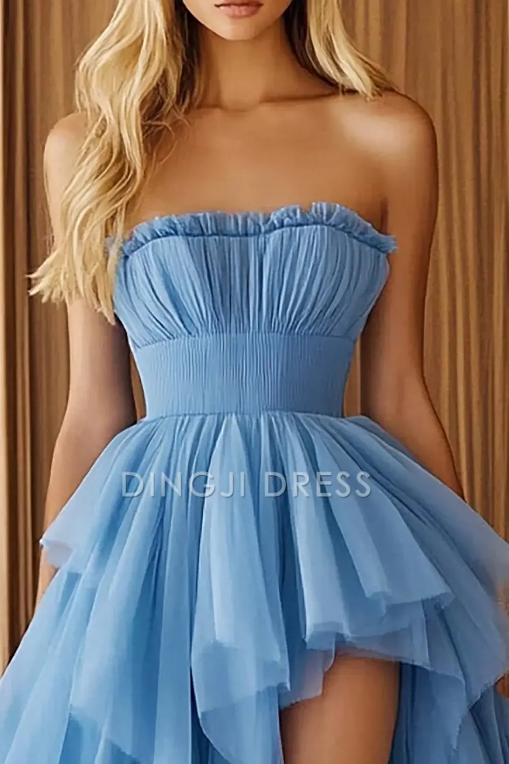 DingJiDress High Quality Dress Strapless Asymmetrical Tulle Ruched High-Low Elegant Prom Dress