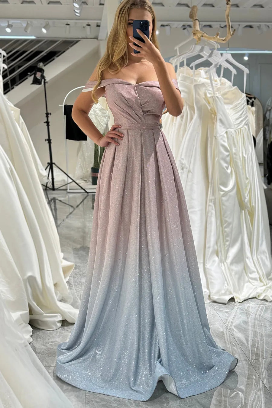 Simple and atmospheric A-line version off shoulder long ball party dress