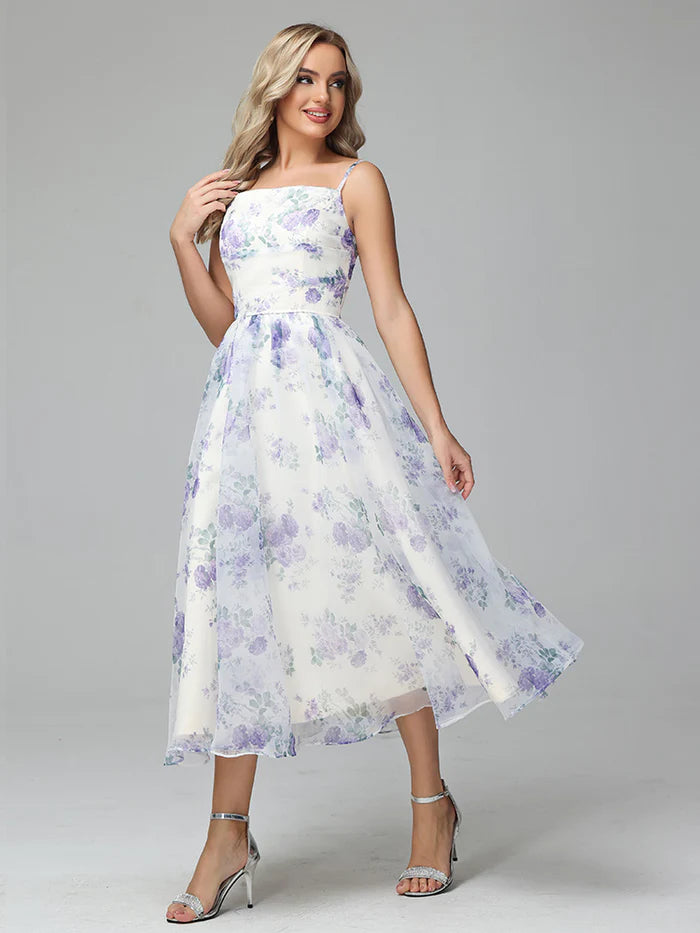 Spaghetti Straps Floral Print Tea Length Homecoming Dress