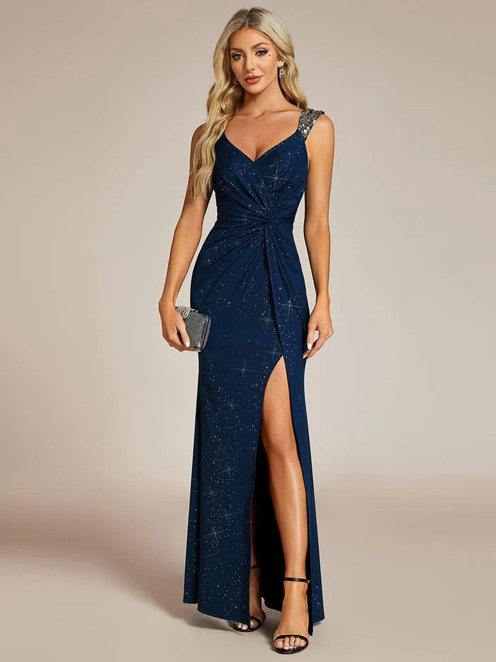Sequin Shoulder Strap Twist High Slit Prom Dress