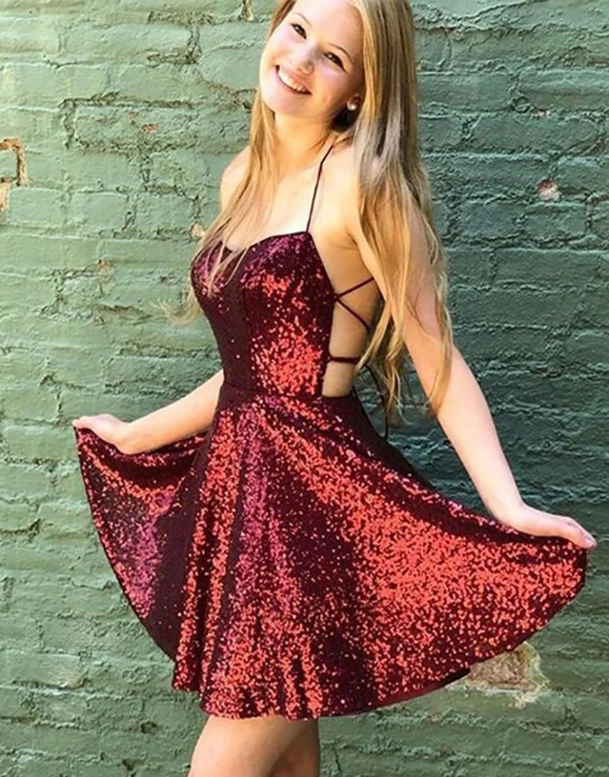 Red short sequined Burgundy A-line back to school dress