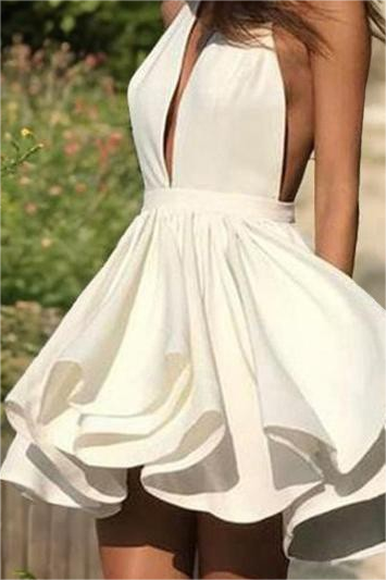 Stunning White Satin Sleeveless Halter Short Homecoming Dress with Ruffles