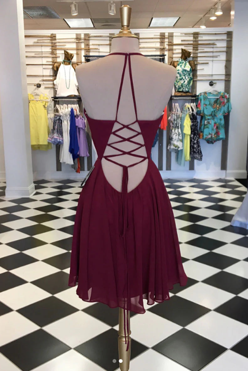 Simple burgundy chiffon short prom dress burgundy homecoming dress