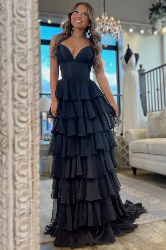 Spaghetti Straps V-Neck Layered Chiffon Sleeveless Long Prom Dress ﻿