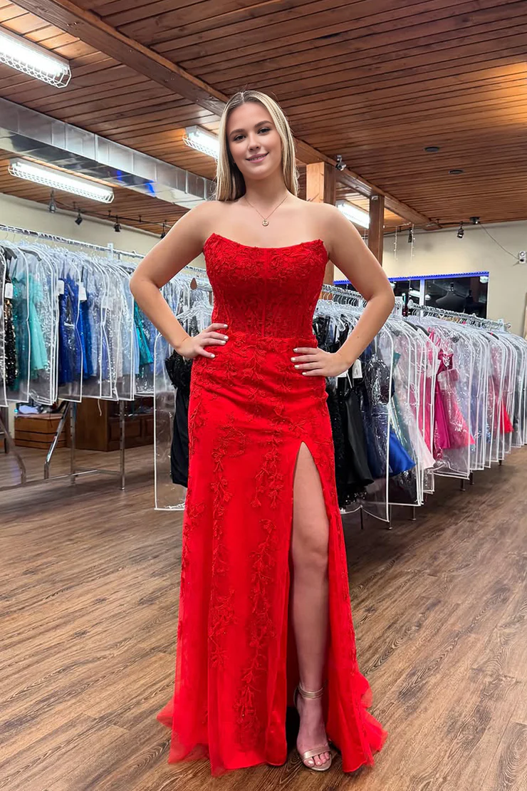 DingJiDress Exquisite Mermaid Strapless Lace with Appliques Side Fork Prom Dress