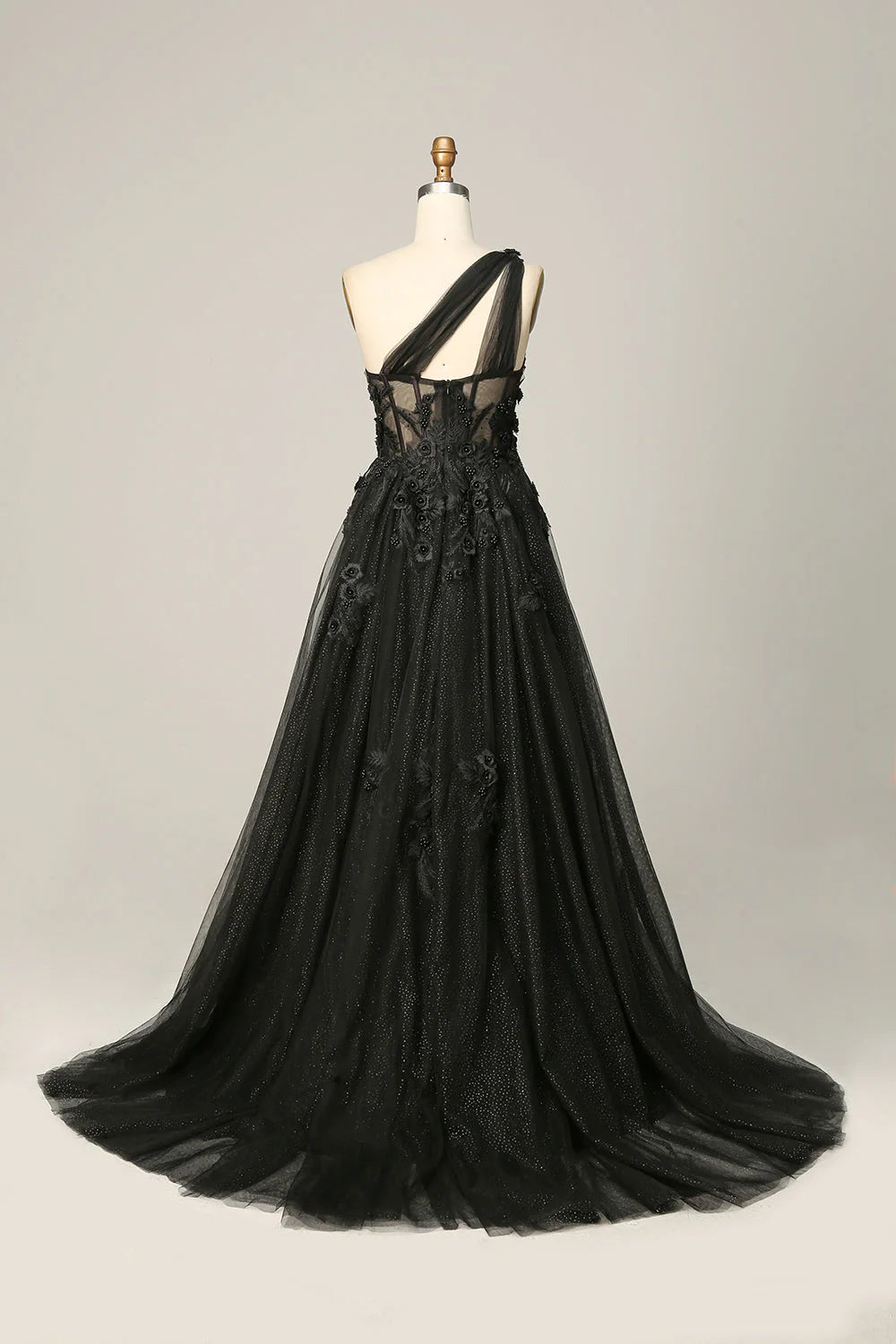 Black one shoulder long chiffon applique ball dress