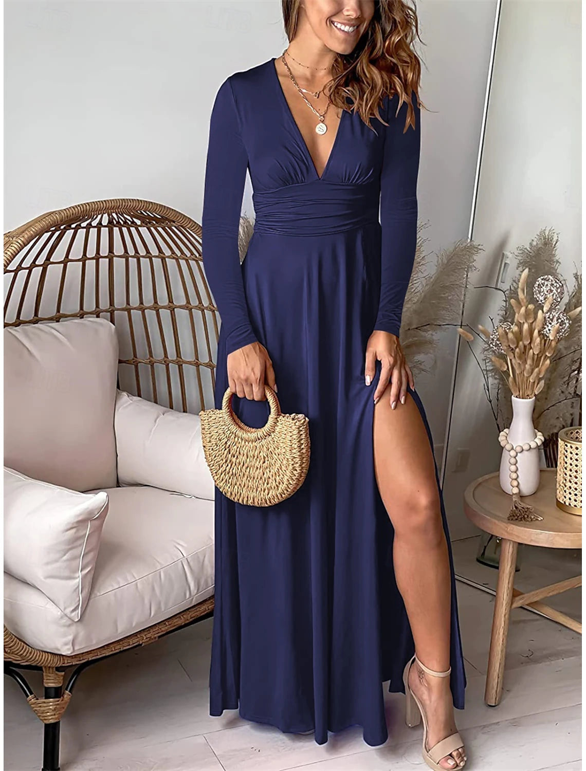 Women's Maxi Dress Party Dress Elegant Stylish Ethnic Vacation Party Daily Regular Fit Plain Long Sleeve V Neck Blue Green Spring Fall
