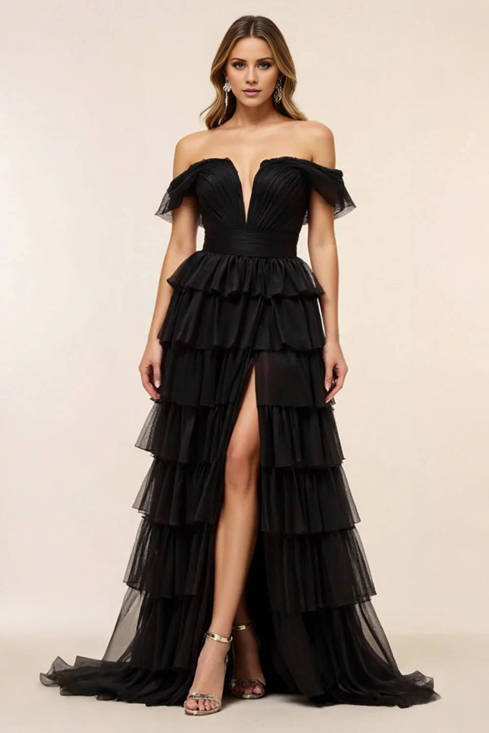 DingJiDress High Quality Dress A Line Off The Shoulder Chiffon Tiers With Slit Fashion Long Prom Dress