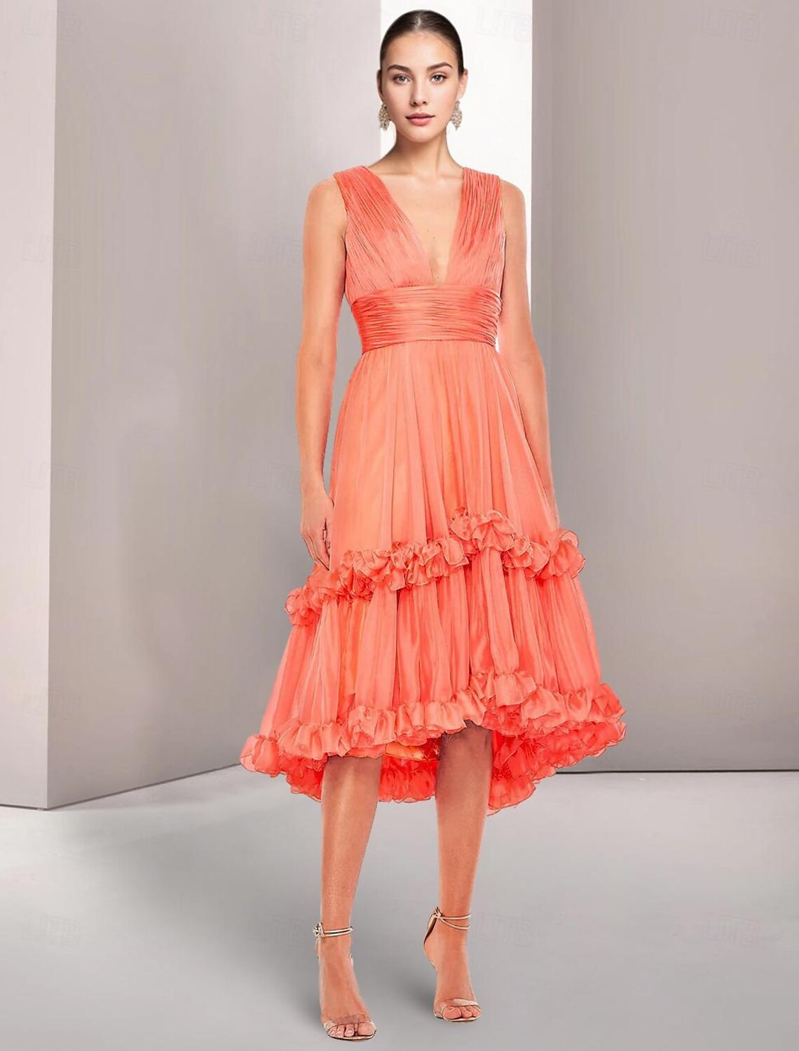 A-Line Wedding Guest Dresses Elegant Dress Formal Cocktail Party Tea Length Sleeveless V Neck Tulle with Pleats  ﻿