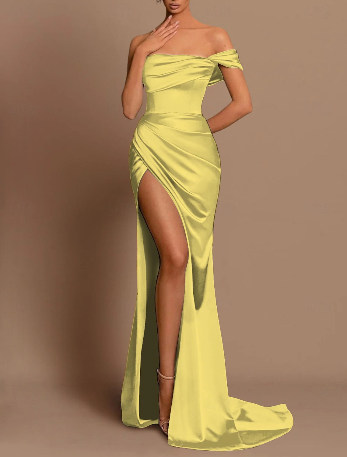Beach Wedding Mermaid Evening Gown Sexy Dress Wedding Guest Holiday Court Train Sleeveless Off Shoulder Bridesmaid Dress Satin with Ruched Slit Masquerade Dress