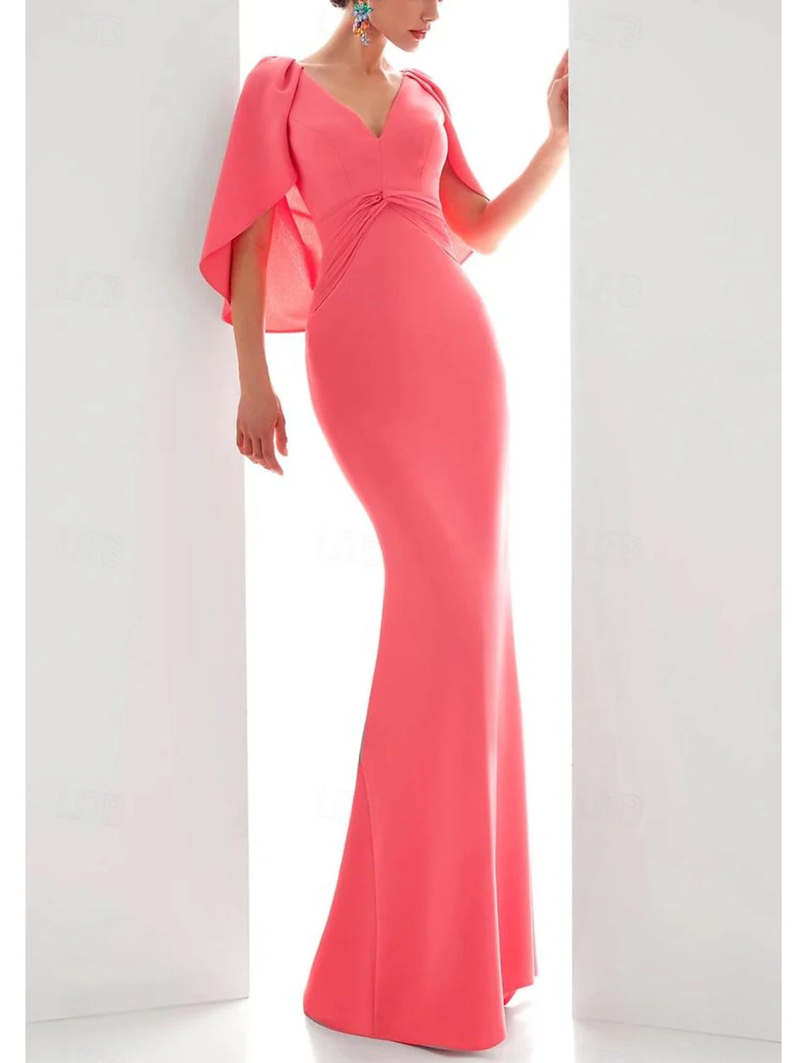 heath Evening Gown Elegant Dress Formal Fall Floor Length Short Sleeve V Neck Stretch Chiffon with Ruched Ruffles