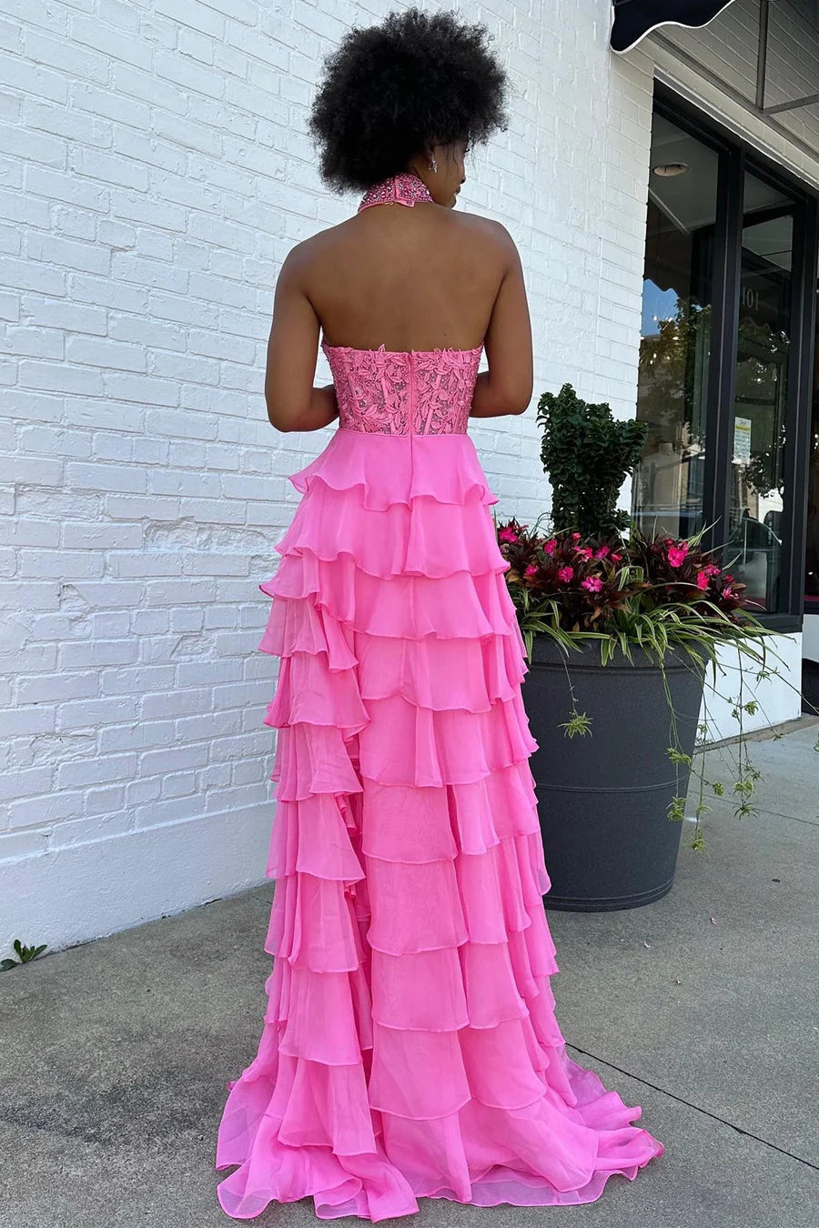 Lavender Halter Ruffle Tiered Chiffon Long Prom Dress