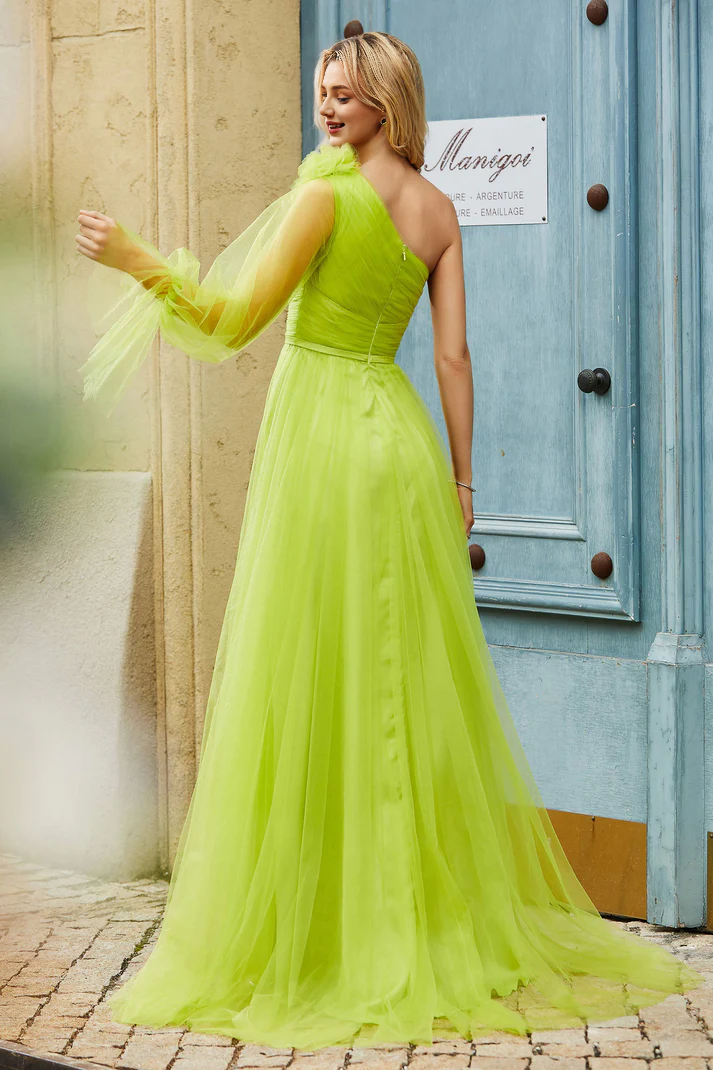 DingJiDress Formal Women's Dresses A-Line One Shoulder Sleeveless Tulle Floor-Length Pleated Ruched Flowers Sash Prom Dresses