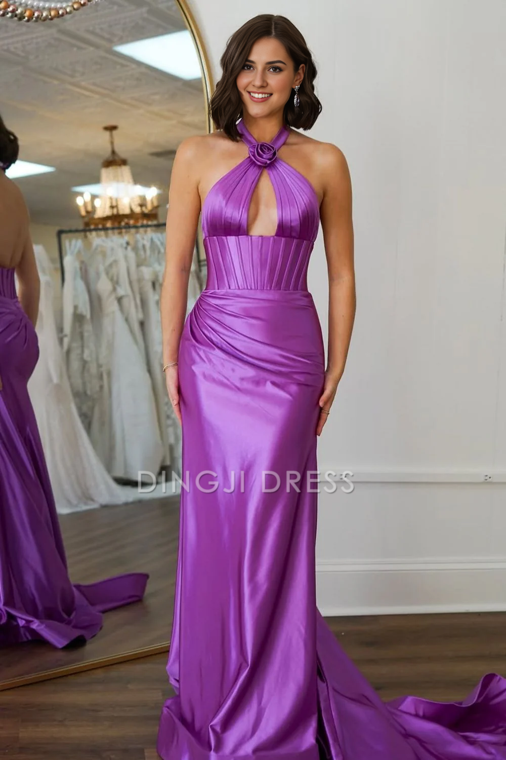 DingJiDress Sweet Mermaid Unique Halter Neck Pleated Backless Long Satin Sweep Train Prom Dress