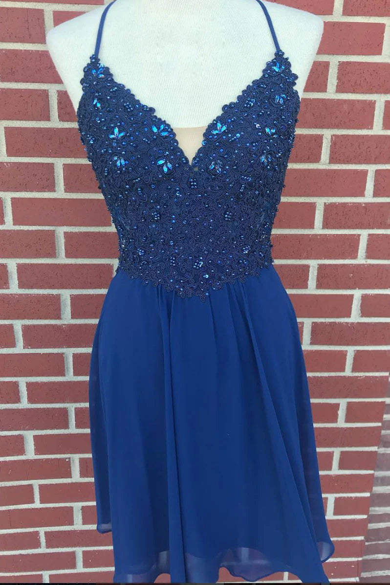 Blue v neck lace chiffon short prom dress blue homecoming dress