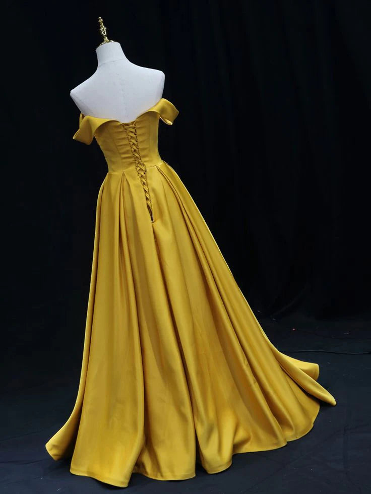 Simple and fashionable off shoulder yellow satin long ball gown formal evening gown