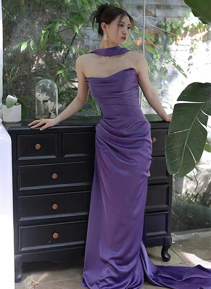 Purple Satin Long Evening Dress Prom Dress Purple Formal Dress