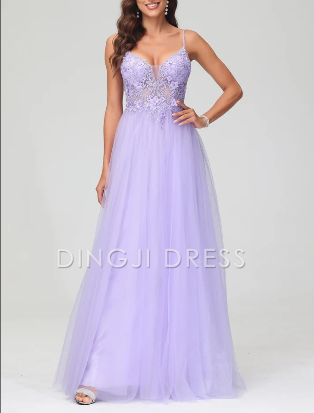 DingJiDress Evening Dress Charming A-Line V Neck Spaghetti Straps Tulle Applique Long Dress Exquisite Formal Dress
