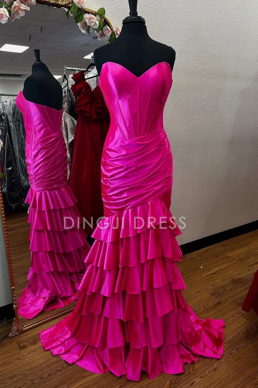 DingJiDress Charming Mermaid Sweetheart Strapless Ruched Tiered Satin With Slit Gorgeous Prom Dress