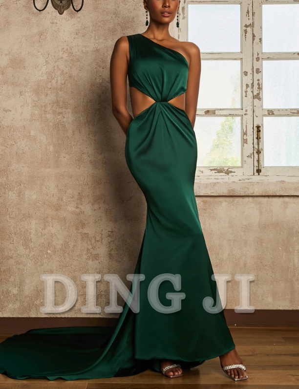 DingJiDress Evening Dress Mermaid One Shoulder Sleeveless Waist Cut-Out Maxi Gown Open Back Sweep Train Wedding Guest Dresses
