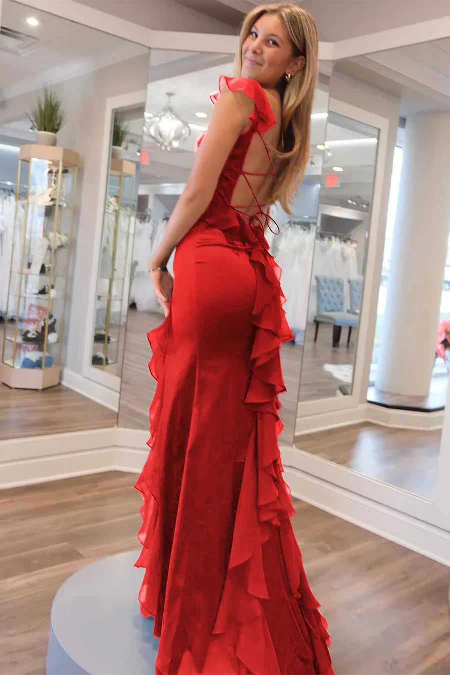 Green Mermaid Straps Scoop Pleated High Slit Long Prom Formal Dress