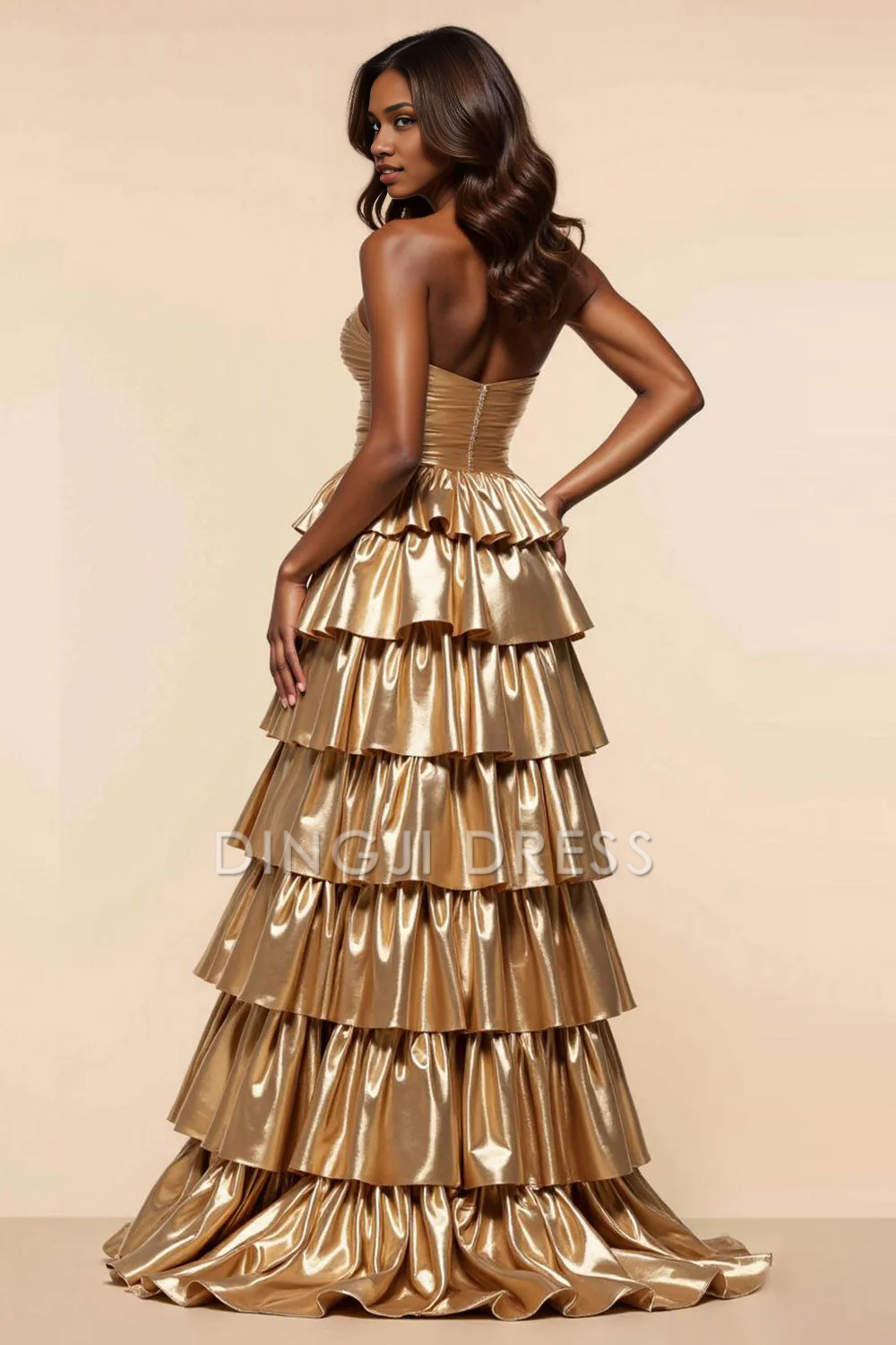 DingJiDress High Quality Dress Strapless A Line Sweetheart Ruched Tiered Fashion Long With Slit Prom Dress