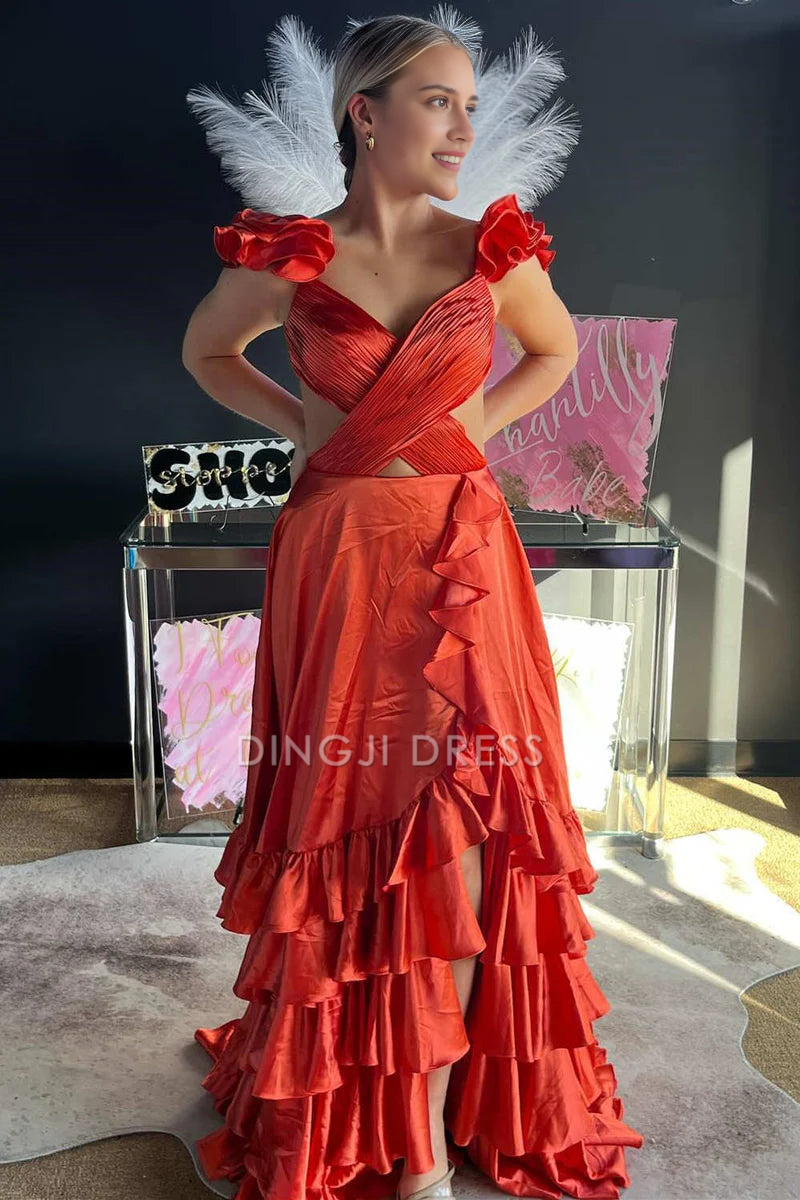 DingJiDress Formal Dress Sexy A-Line V-Neck Sleeveless Ruched Tiered Backless With Side Slit Charming Prom Dress
