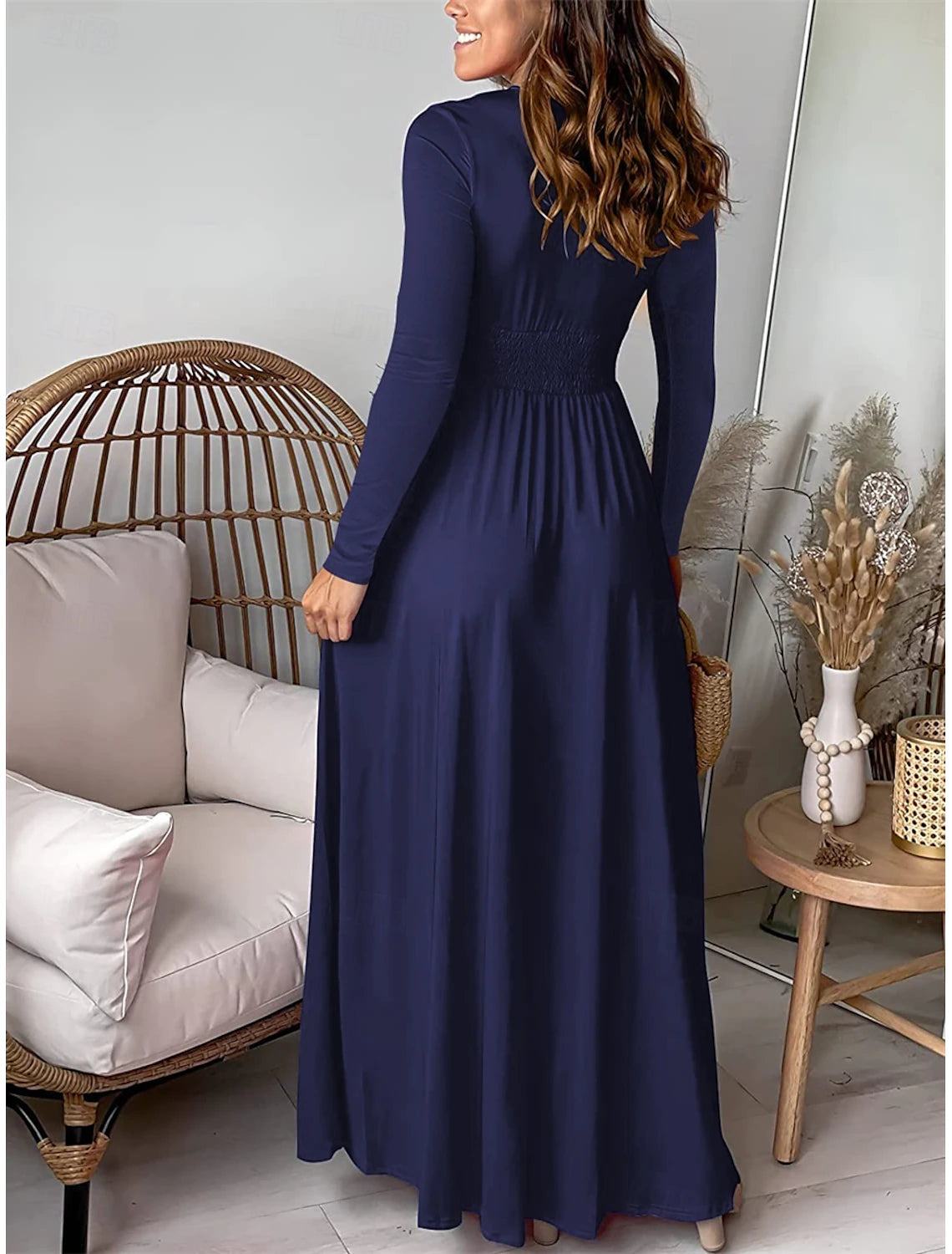 Women's Maxi Dress Party Dress Elegant Stylish Ethnic Vacation Party Daily Regular Fit Plain Long Sleeve V Neck Blue Green Spring Fall