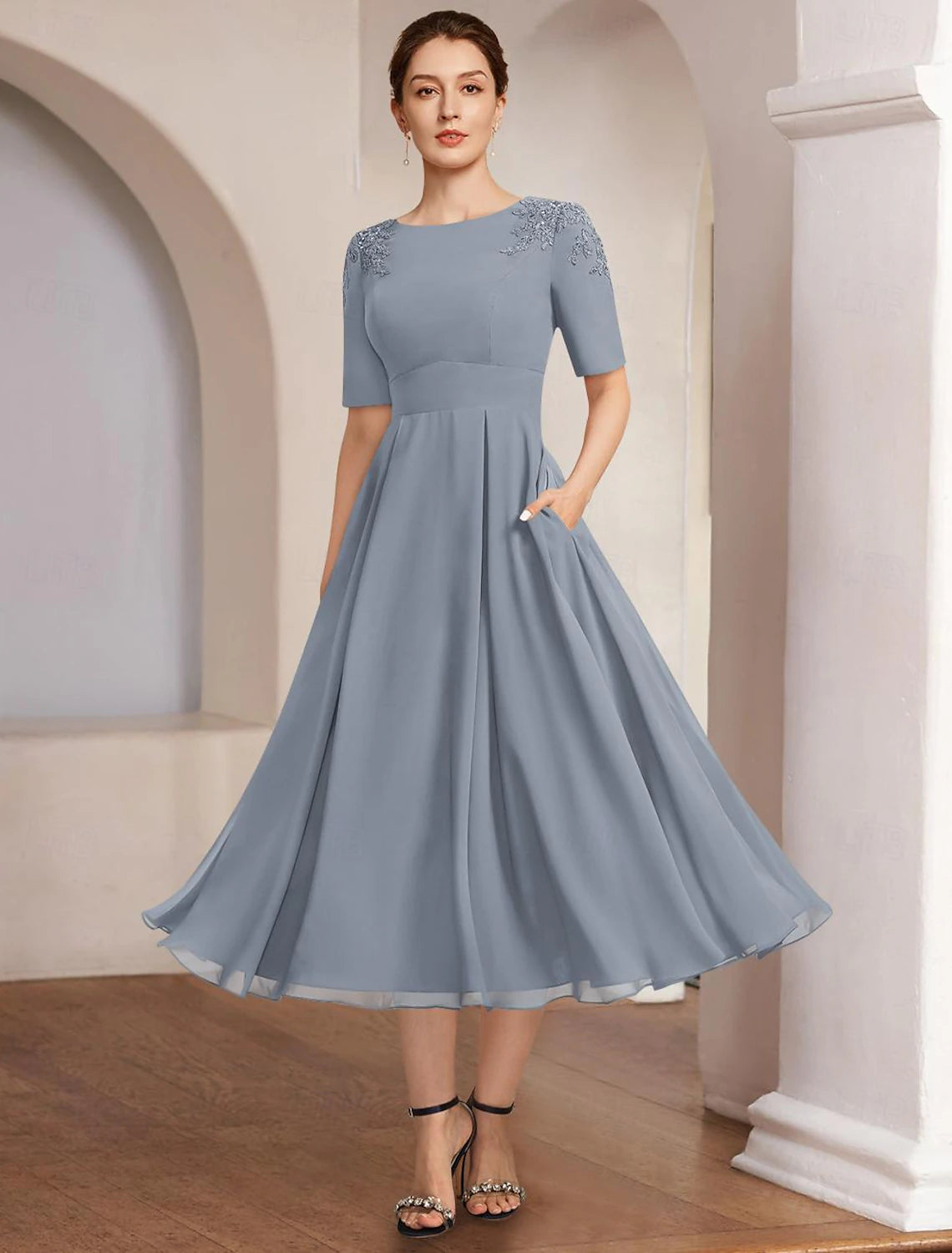 A-Line Mother of the Bride Dress Beach Wedding Formal Elegant Bateau Neck Tea Length Chiffon Half Sleeve with Lace