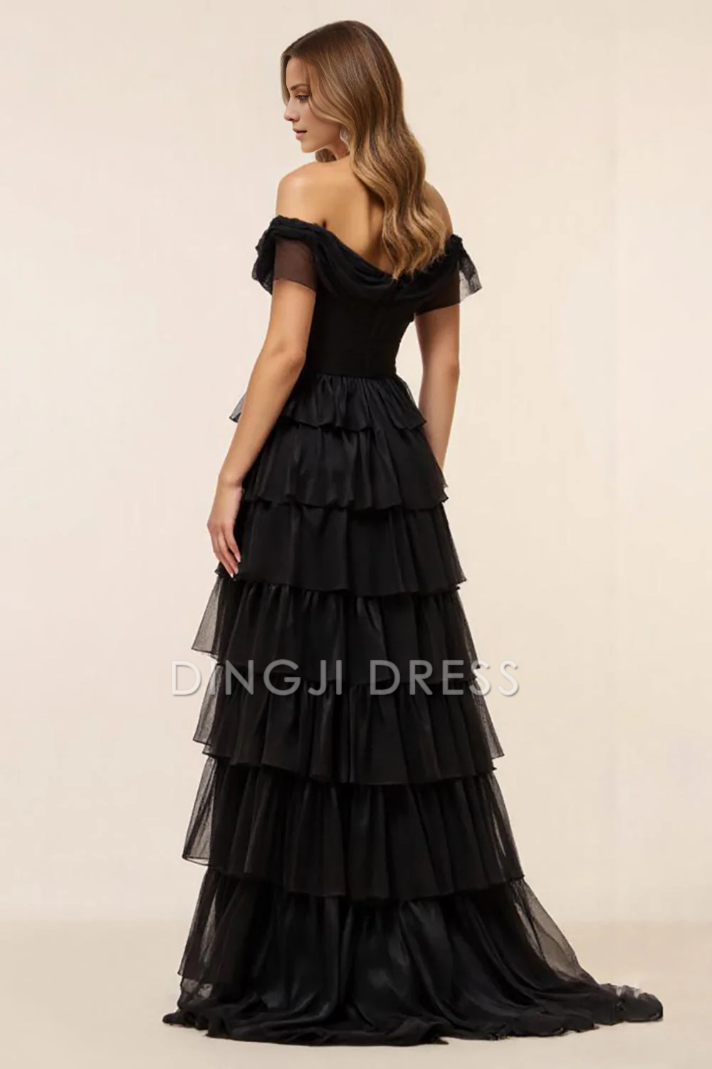 DingJiDress High Quality Dress A Line Off The Shoulder Chiffon Tiers With Slit Fashion Long Prom Dress