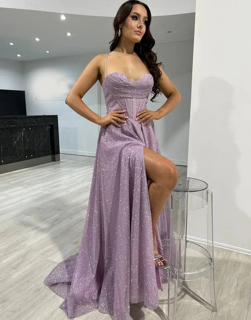 Elegant light purple sequin long thin suspender slit ball party dress