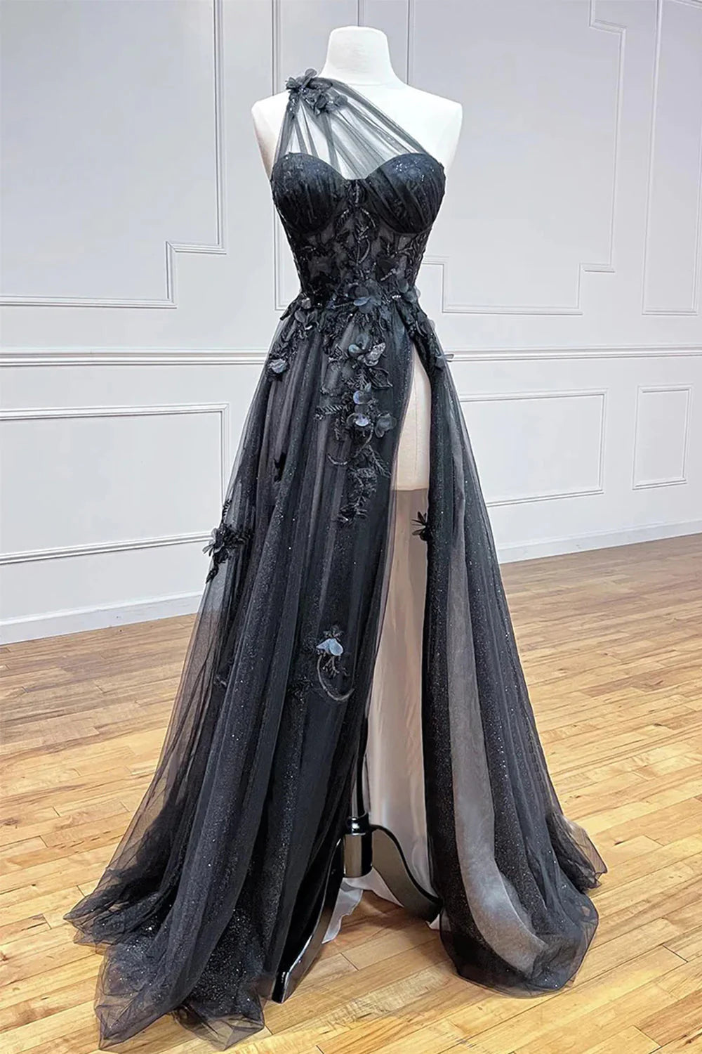 Black one shoulder long chiffon applique ball dress