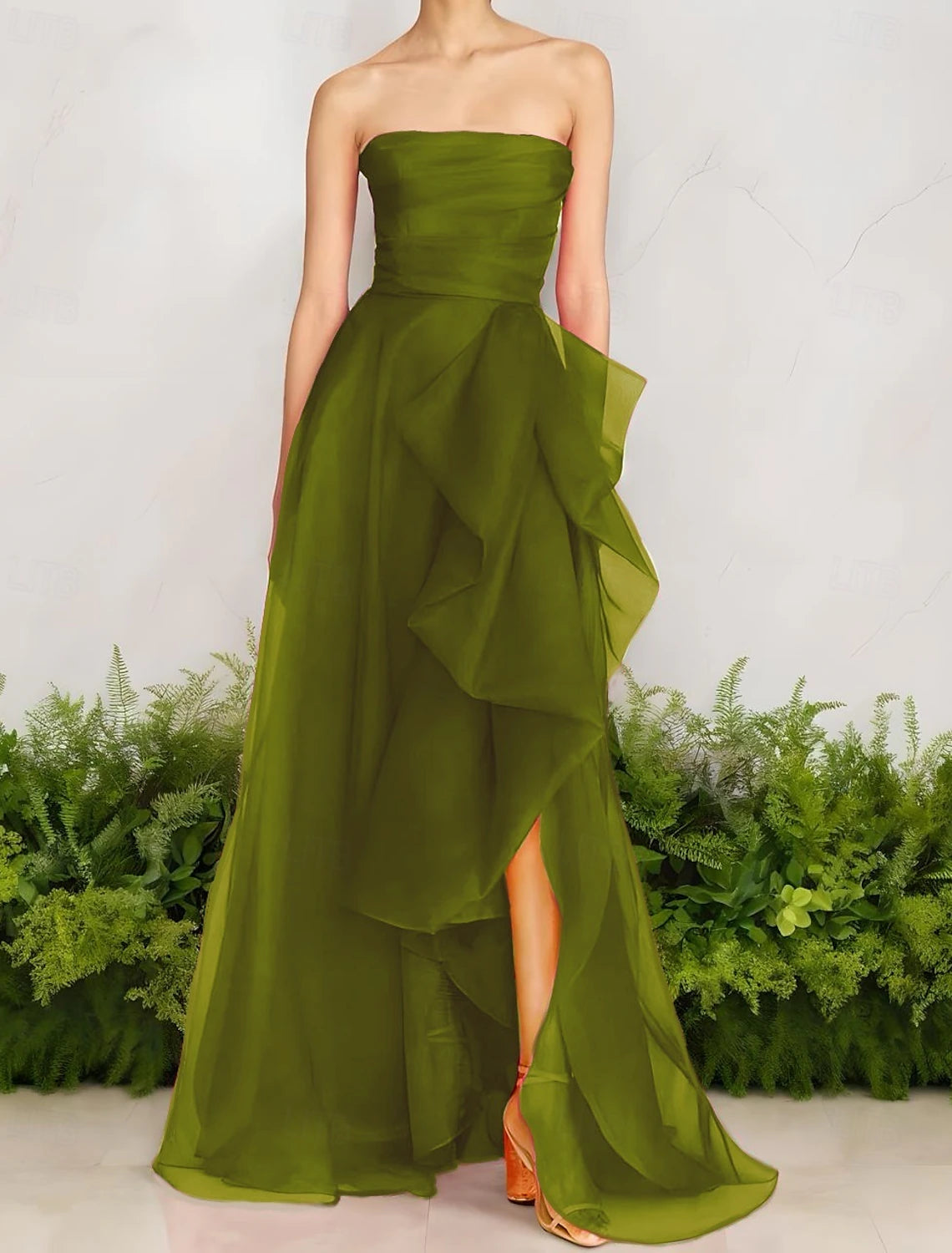 A-Line Evening Gown Celebrity Style Dress Formal Wedding Guest Floor Length Sleeveless One Shoulder Organza with Ruched Ruffles Slit