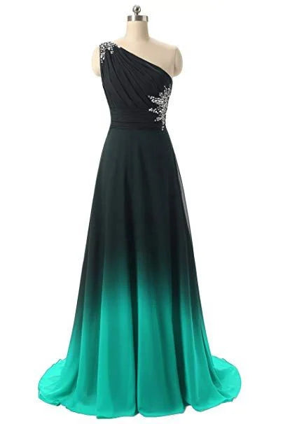 Green and Black Gradient One Shoulder Prom DressLong Chiffon Party Dress