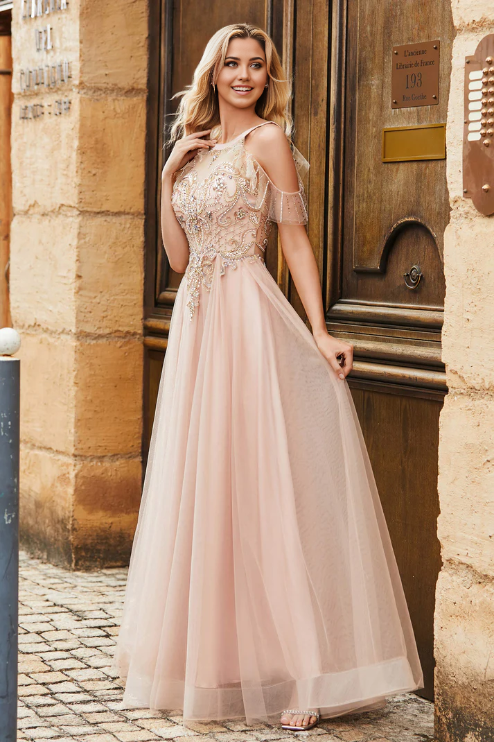 DingJiDress Formal Women's Dresses A-Line Jewel Neckline  Flutter Sleeves Tulle Backless Floor-Length Rhinestone Ruched Sequins Prom Dresses