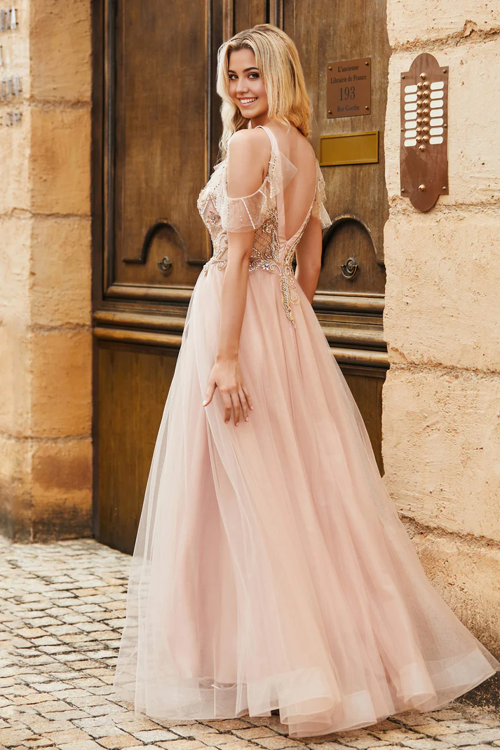 DingJiDress Formal Women's Dresses A-Line Jewel Neckline  Flutter Sleeves Tulle Backless Floor-Length Rhinestone Ruched Sequins Prom Dresses