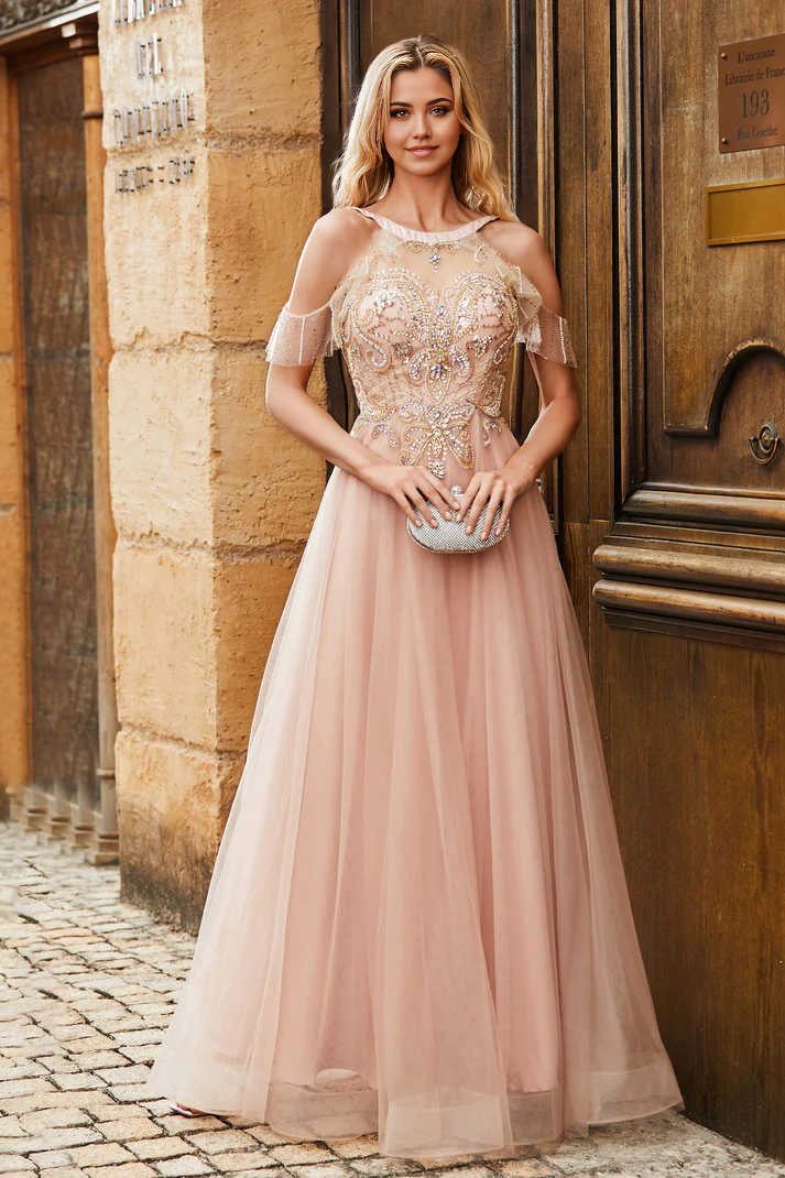 DingJiDress Formal Women's Dresses A-Line Jewel Neckline  Flutter Sleeves Tulle Backless Floor-Length Rhinestone Ruched Sequins Prom Dresses