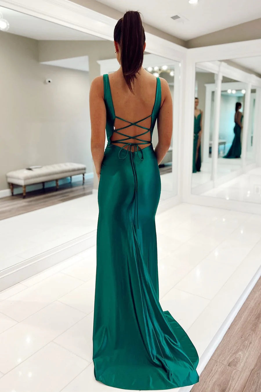Elegant Teal Mermaid V -Neck Sleeveless Lace-Up Floor-Length Slit Long Prom Dresses
