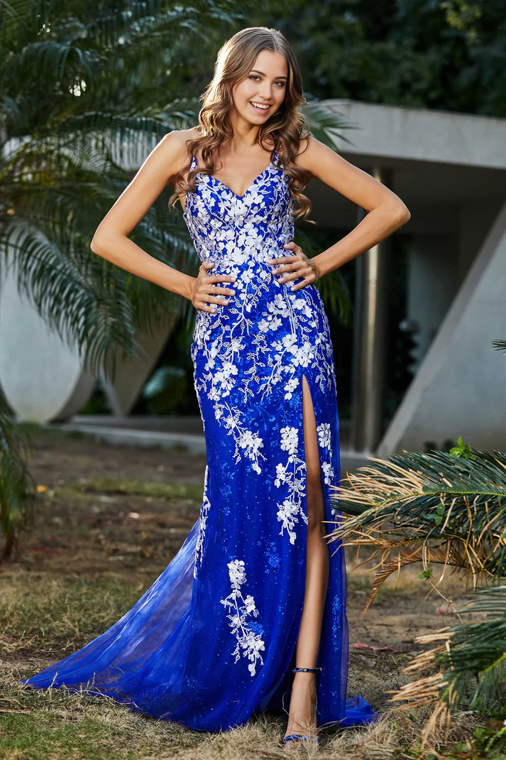 DingJiDress Formal Women's Dresses V-neck Spaghetti Straps Mermaid Slit Tulle Backless Lace Applique Lace Up Sweep Train Prom Dresses