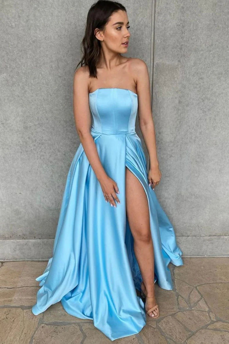 Simple blue satin long prom dress blue bridesmaid dress