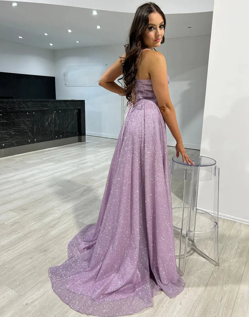 Elegant light purple sequin long thin suspender slit ball party dress