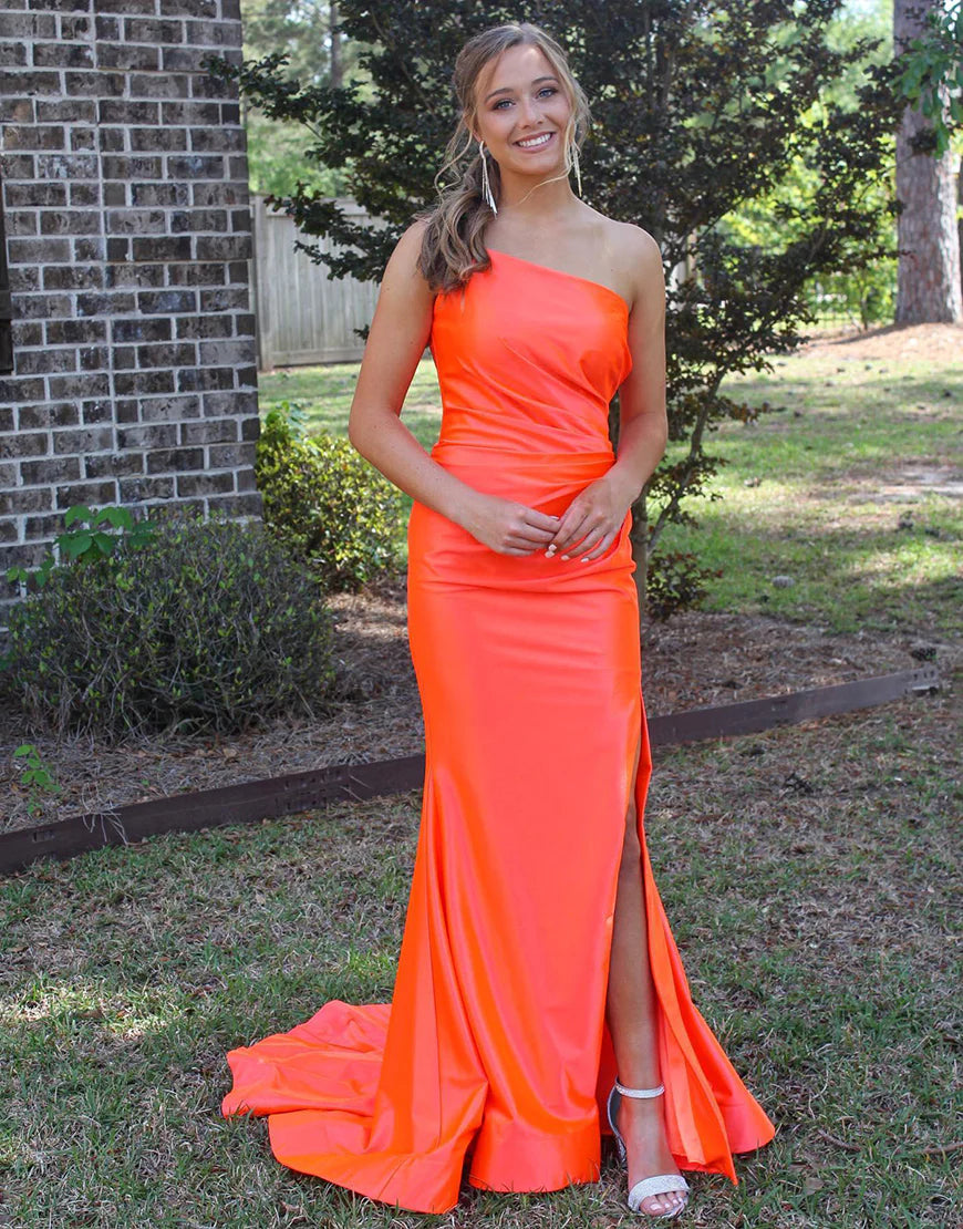Orange Long Shoulder Split Ball Dress