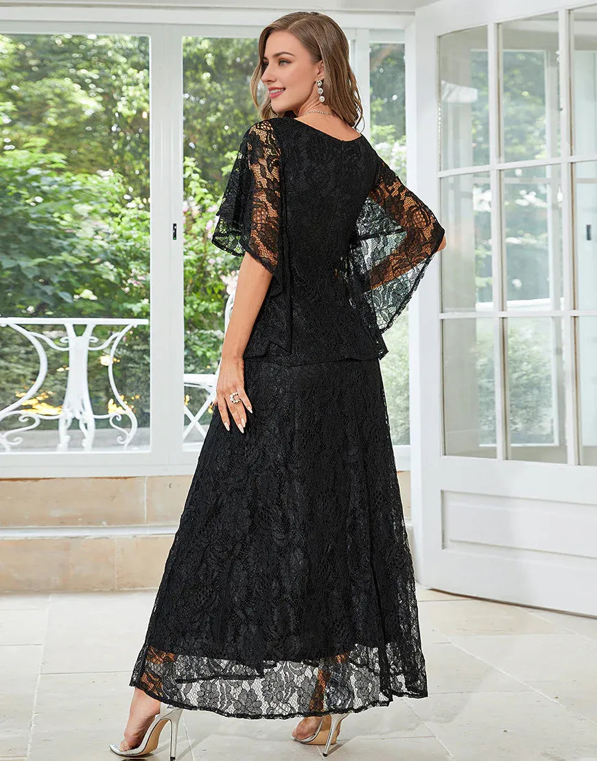 Black Lace A-line Round Neck Short Sleeves Mother of Bride Dress