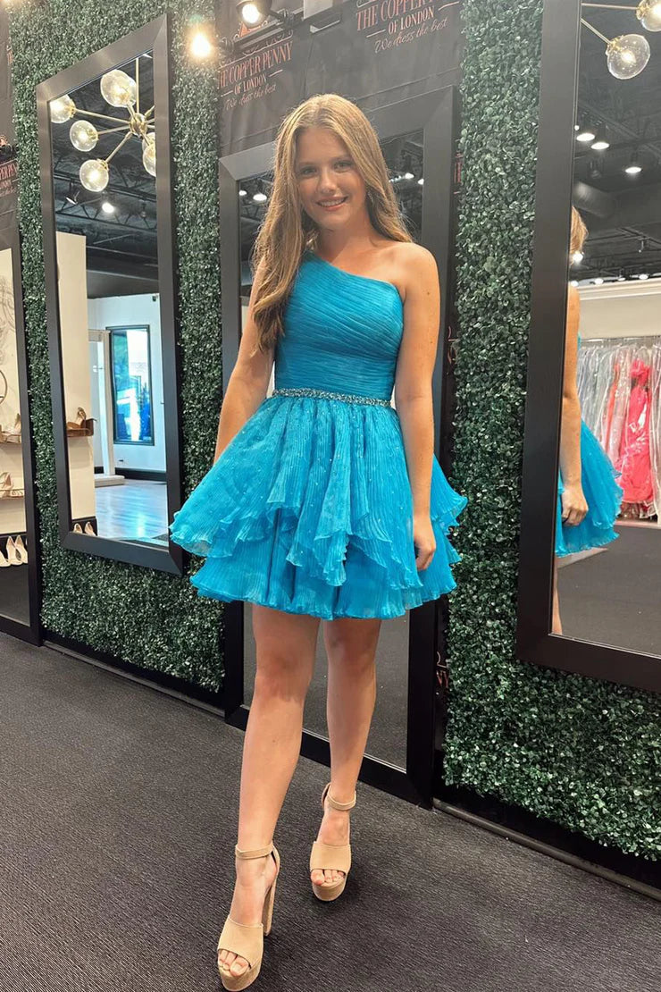 A Line One Shoulder Blue Organza Homecoming Dresses